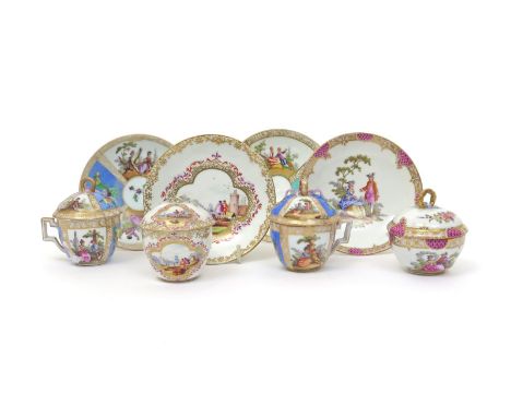 Four Meissen-style covered cups and saucers  late 19th/early 20th century, one decorated in the 18th century manner with figu