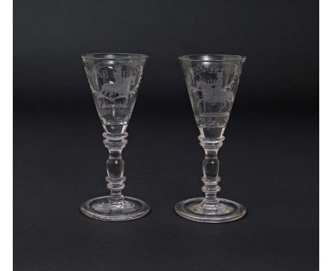 Two Williamite wine glasses  18th century, engraved in the late 19th century by Franz Tietze, each with an equestrian portrai
