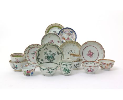 Two Chinese export porcelain trios and other teawares  18th century, one trio decorated in the Bristol manner with green and 