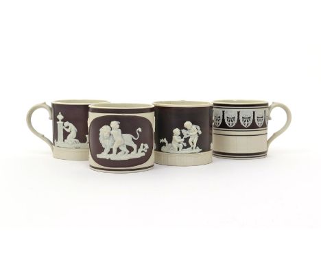 Four dry-bodied stoneware small mugs or coffee cans  early 19th century, perhaps Chetham and Woolley, two applied with scenes