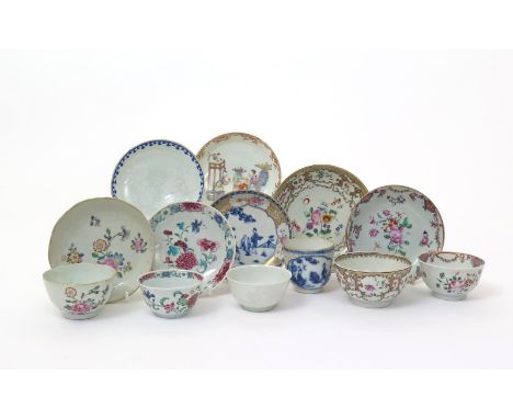 Four Chinese export porcelain teabowls and saucers  18th century, three variously decorated with sprays of European flowers, 