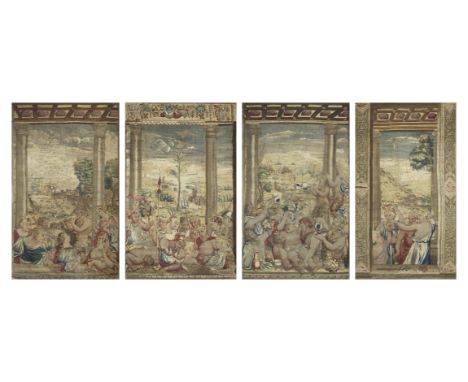 ENSEMBLE DE QUATRE IMPORTANTES TAPISSERIES SUR LE THEME DES BACCHANALESIMPORTANT SET OF FOUR TAPESTRIES OF THE SERIES 'BACCHA