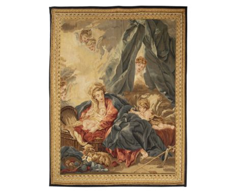 TAPISSERIE D'AUBUSSON FIGURANT LA VIERGE A L'ENFANT ET SAINT JEAN-BAPTISTE XIXe SIECLEAN AUBUSSON TAPESTRY 19TH CENTURY Woven
