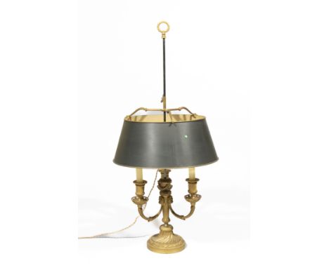 LAMPE BOUILLOTTE DE STYLE LOUIS XVI EN BRONZE DOREA LOUIS XVI STYLE ORMOLU LAMPE BOUILLOTTE With three branches and green tôl