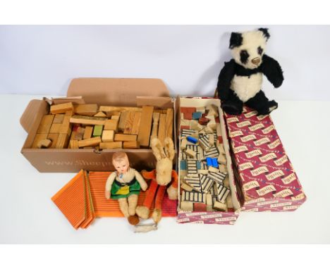 Merrythought - Lotts - A jointed Merrythought Panda approximately 25 cm tall, a Bunny with no makers label, a small doll, an 