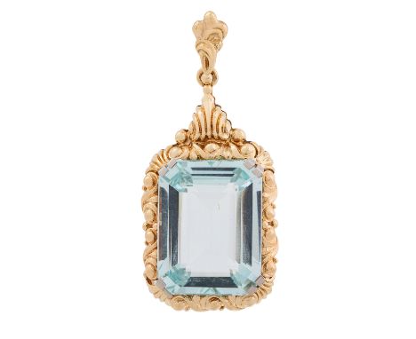 Anhänger mit Aquamarin im achteckigen Treppenschliff ca. 16 ct, hellblau, barocke Umrahmung und Anhängeschlaufe aus GG 14K, 7