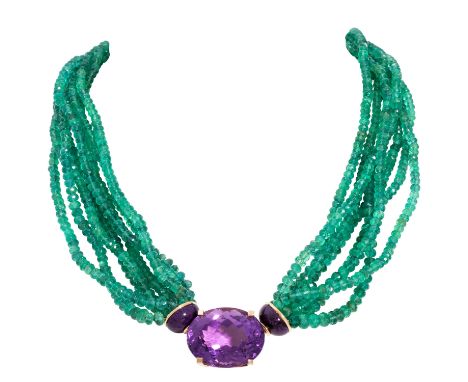 Prächtiges Smaragdcollier mit Amethystschließe und Charoit-Kapseln, KP (2005): 10.600 €, handgearbeitete Bayonett-Wechselschl