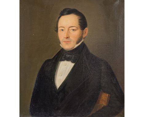 DEUTSCHER PORTRÄTMALER DES BIEDERMEIER "Hüftbildnis eines am Stuhl angelehnten Herrn in schwarzer Jacke" 1820-1830 Öl auf Lei