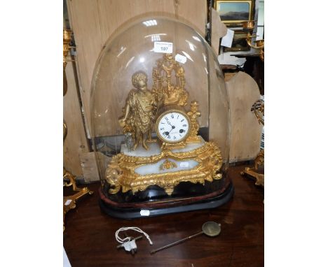 A 19TH CENTURY GILT SPELTER MANTEL CLOCK, the dial inscribed 'Leurin Pere' under a glass dome on an ebonised base, 20" high (