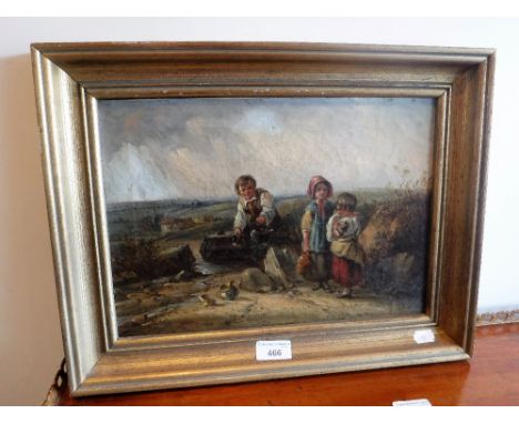 ENGLISH SCHOOL 19th century:  Children playing by a stream, with building to the distance, the little girl crying, having dro