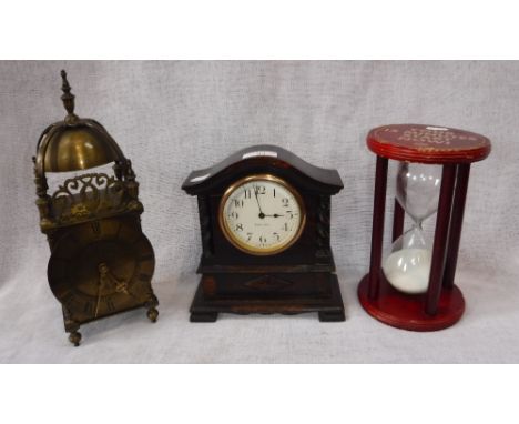 A BRASS LANTERN CLOCK, an oak-cased mantel clock and a "15 minute' hourglass (3)