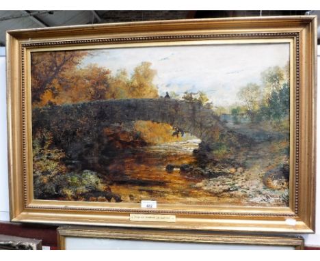 A 19TH CENTURY OIL SKETCH OF A BRIDGE 'Bridge near Armathwaite Lake, Cumberland' indistinctly signed and dated 