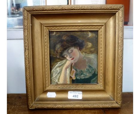 A VICTORIAN PORTRAIT OF A WOMAN with her eyes closed, oil on board, the backboard inscribed 'E. George Turnbull' and a collec