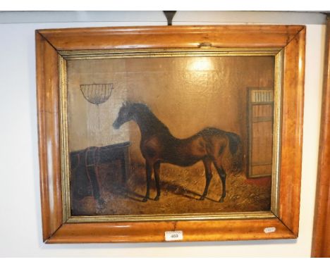 A 19TH CENTURY NAIVE PORTRAIT OF A HORSE in a stable, the horse blanket initialed 'C.P.' in a maple frame