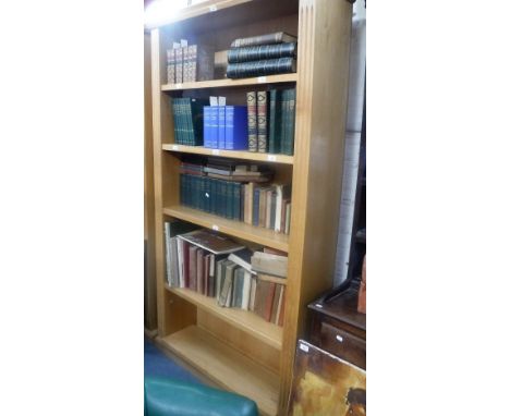A CONTEMPORARY LIGHT OAK BOOKCASE with fully adjustable shelves, 80" high x 43" wide x 13" deep