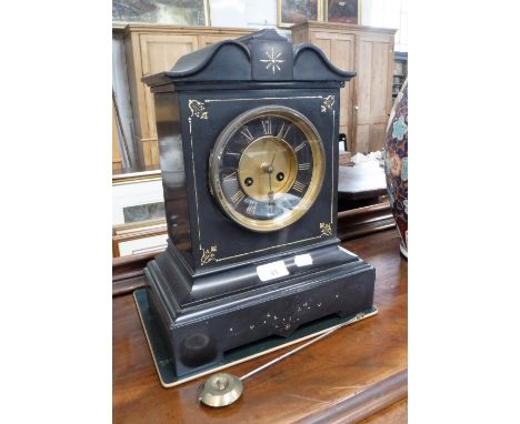 A VICTORIAN SLATE-CASED MANTEL CLOCK, 14" high (pendulum in office)