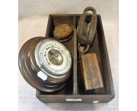 A TWO DIVISION CUTLERY TRAY, an aneroid barometer and other items