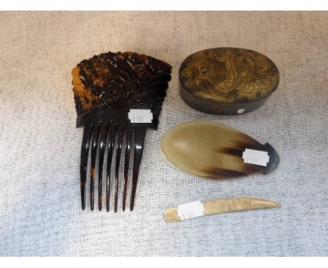 A 19TH CENTURY OVAL TORTOISESHELL BOX,  a similar mantilla hair comb and other items