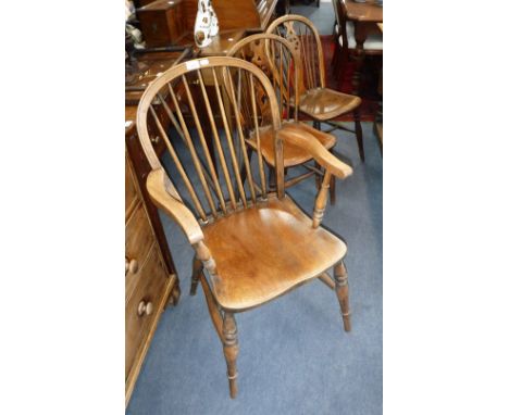 FIVE 19TH CENTURY STICK BACK WINDSOR CHAIRS including three wheelback chairs and an armchair
