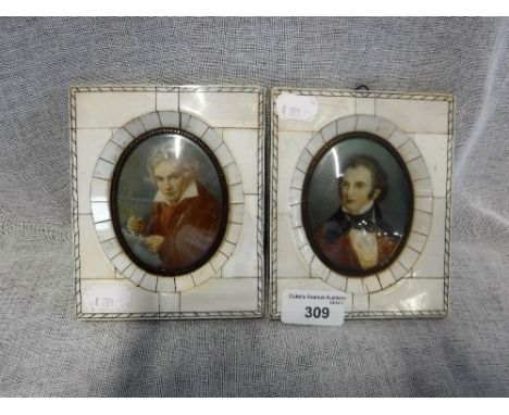 A PAIR OF PORTRAIT MINIATURES OF SCHUBERT AND BEETHOVEN in 'Piano Key' frames