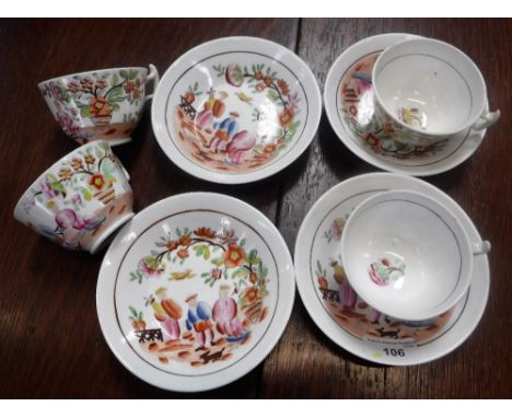 A SET OF FOUR EARLY 19TH CENTURY LONDON SHAPE TEA CUPS AND SAUCERS,each with chinoiserie decoration, possibly by 'Hilditch &a