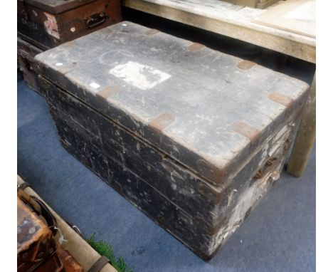 A LARGE 19TH CENTURY METAL BOUND PINE TRUNK, with zinc-lined interior, with label 'JEFFCOAT BROTHERS Dress Baskets, Portmante