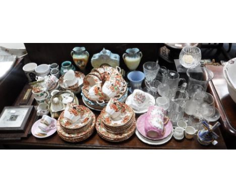 AN ART DECO OAK-CASED BAROMETER and the residue of a Royal Albert transfer decorated teaset and various other mixed glassware