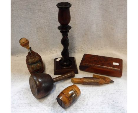 A TURNED WOODEN CANDLESTICK, a similar mallet, money box and other items