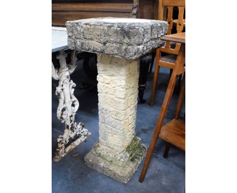 A RECONSTITUTED STONE SUNDIAL PLINTH  with brick-work effect, 33" high