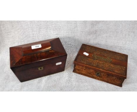 A 19TH CENTURY FIGURED MAHOGANY TEA CADDY and an oak cigarette box (2)