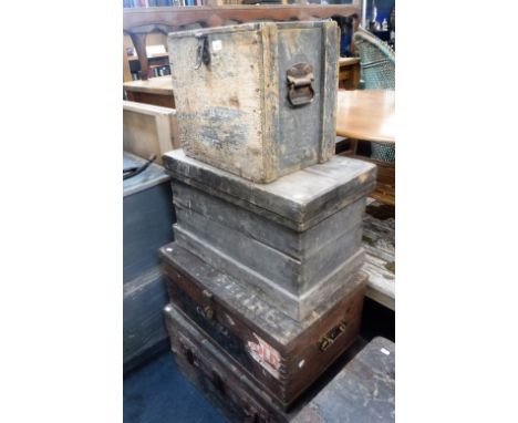 A 19TH CENTURY PINE TRUNK, other similar boxes and a metal cabin trunk (4)