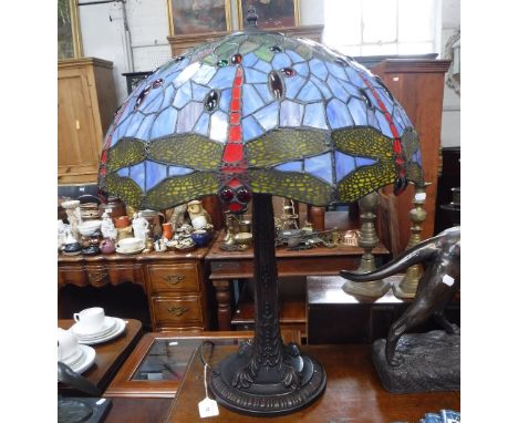 A TIFFANY STYLE TABLE LAMP, the shade in the 'Dragonfly' design, 26" high 