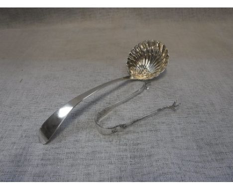 A SILVER LADLE with shell-shaped bowl and a similar pair of tongs