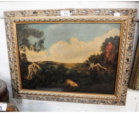 A NAIVE OIL ON CANVAS PAINTING of a hare hunting scene
