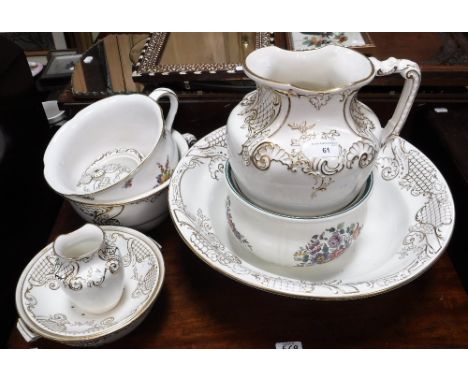 A VICTORIAN SPODE JUG AND BOWL SET with gilt decoration and similar chamber pots