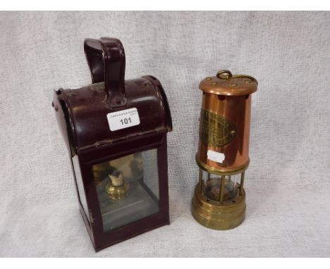 A VINTAGE 'L.M.S. RAILWAY' RAILWAYMAN'S LAMP (restored) and a brass miner's lamp (2)