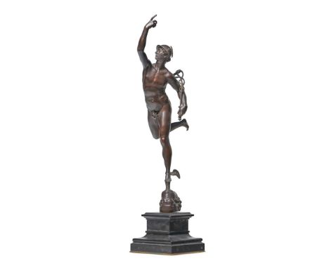 AFTER GIAMBOLOGNA- A BRONZE FIGURE OF MERCURY IN FLIGHT  CAST BY BARBEDIENNE, LATE 19TH CENTURY  Set on a polished stone base