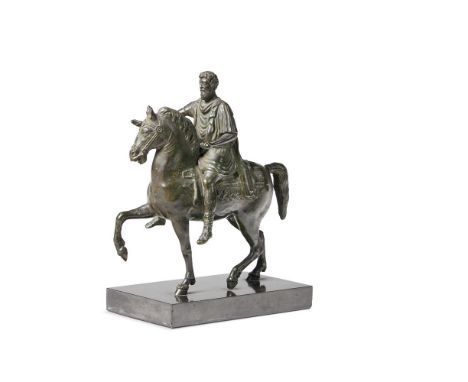 A BRONZE EQUESTRIAN FIGURE OF MARCUS AURELIUS  19TH CENTURY  Remains of a paper label to the underside of the hardstone base 