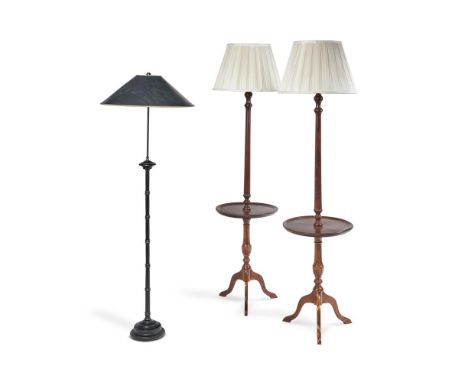 AN EBONISED TURNED STANDING LAMP BASE MODERN  With bamboo style stem and hand-painted shade 136cm high overall including curr
