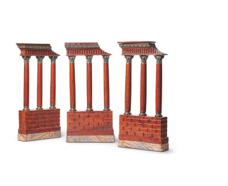 THEODORE ALEXANDER, A SET OF THREE VARNISHED AND WOOD SCALE MODELS OF A RUINED TEMPLE SECTIONS MODERN Each with broken cornic