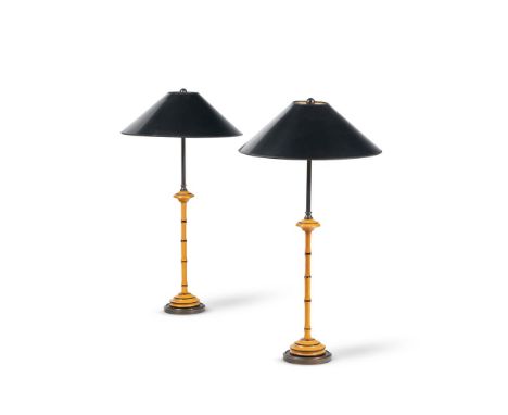 A PAIR OF SIMULATED BAMBOO STEM TABLE LIGHTS IN THE MANNER OF VAUGHAN  MODERN  With black hand painted shades above twin ligh