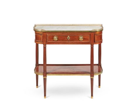 A FRENCH MAHOGANY AND BRASS MOUNTED CONSOLE TABLE  LATE 18TH/ EARLY 19TH CENTURY The marble top above a frieze drawer and und