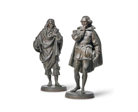 AFTER JEAN JULES SALMSON (FRENCH, 1823-1902) A PAIR OF BRONZE FIGURES OF SHAKESPEARE AND MILTON  EARLY 20TH CENTURY  Signed t