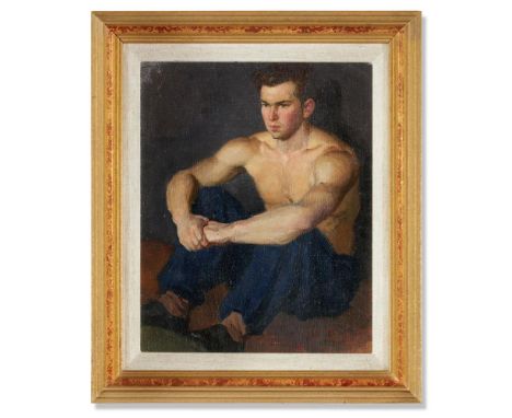VLADIMIR PAVLOVICH BOGOMAZOV (1916-1994) THE YOUNG WRESTLER Oil on canvas  Indistinctly inscribed and dated 1958 (verso) 31 x