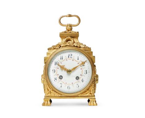 A FRENCH GILT BRONZE PENDULE D'OFFICIER  FIRST QUARTER 20TH CENTURY The enamelled dial with Arabic numerals and the two-train