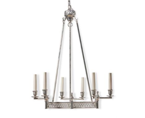 A HEXAGONAL FRIEZE CHANDELIER BY CHARLES EDWARDS  MODERN  In silver coloured metal, likely nickel plated, with a hexagonal de