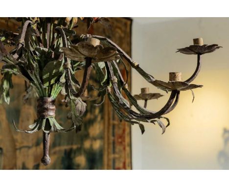 A toleware eighteen-light chandelier, c.1800, French, decorated with polychrome-painted roses, poppies, lilies and sunflowers