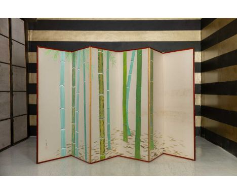 A six-fold paper screen, c.1900, Japanese, decorated with green bamboo on a cream ground, 366cm wide overall170cm highConditi