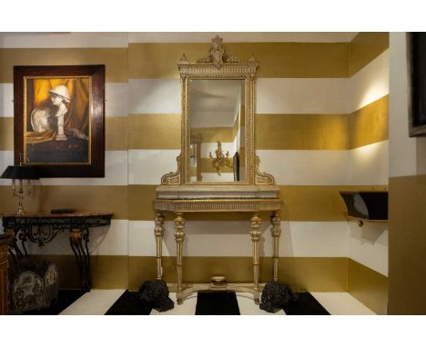 A pair of neoclassical, painted and parcel-gilt, wooden pier tables, c.1850, Italian, each with a mirror back and a removable
