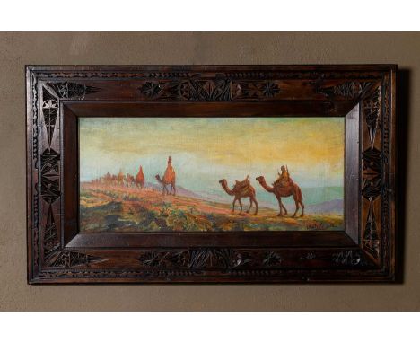 ▲ José Ortega (Spanish, 1877-1955)  Camel caravan signed l.r., oil on canvas  25 x 57cm    Condition ReportFramed: 47 x 79cm 